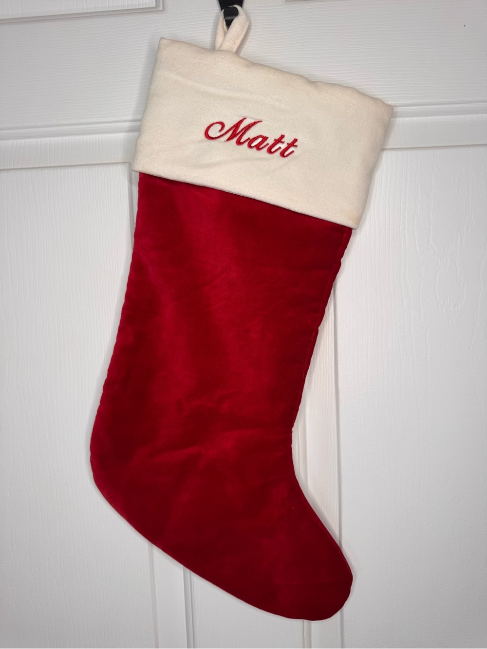 Pottery Barn Personalized Red and Cream velvet Christmas Stocking - 'Matt'